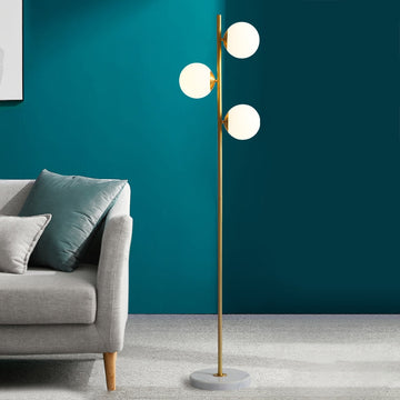 Modern Gold LED Globe Floor Lamp White Glass Shade Marble Base